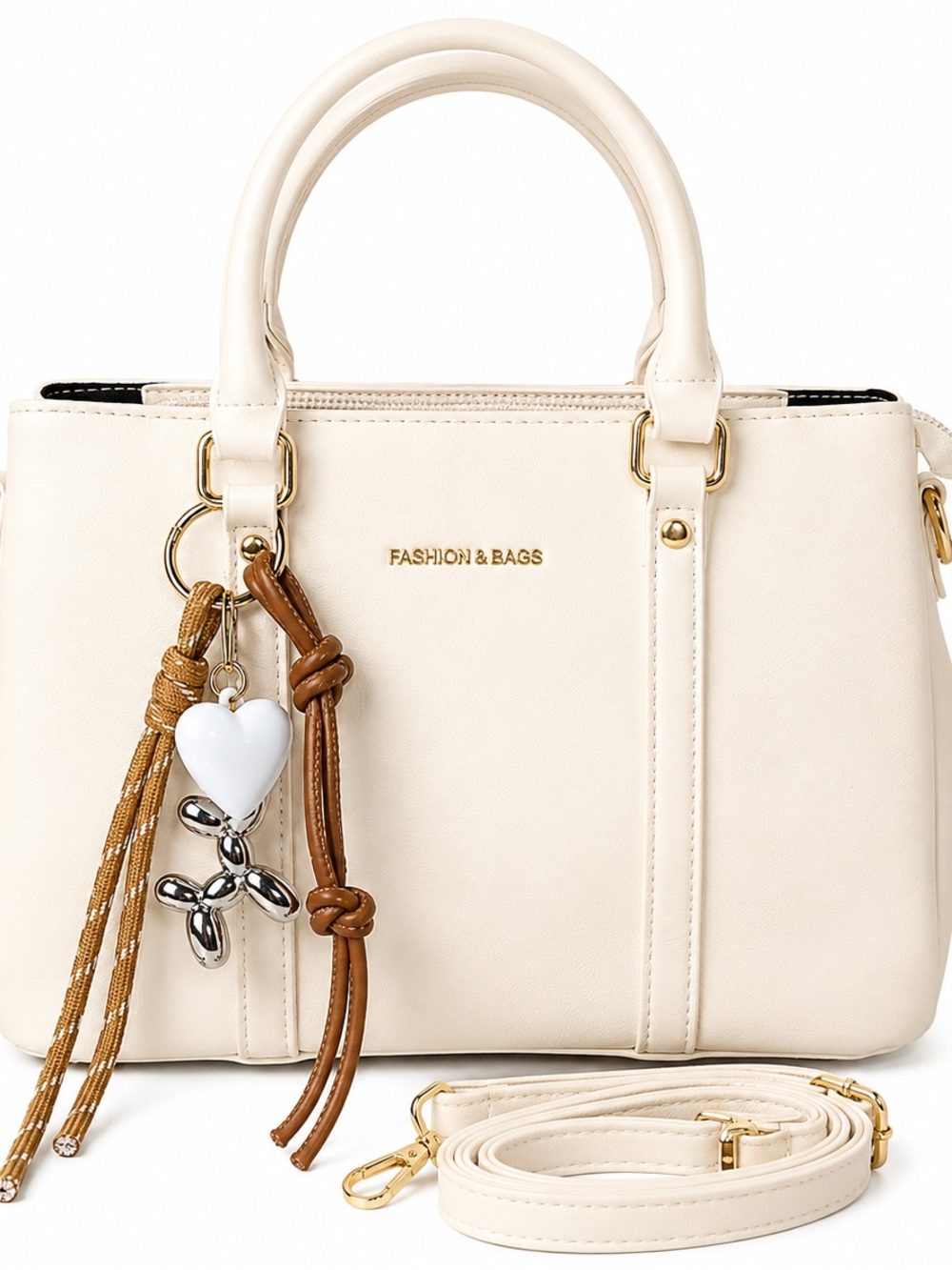 Cream Structured Satchel with Charm by